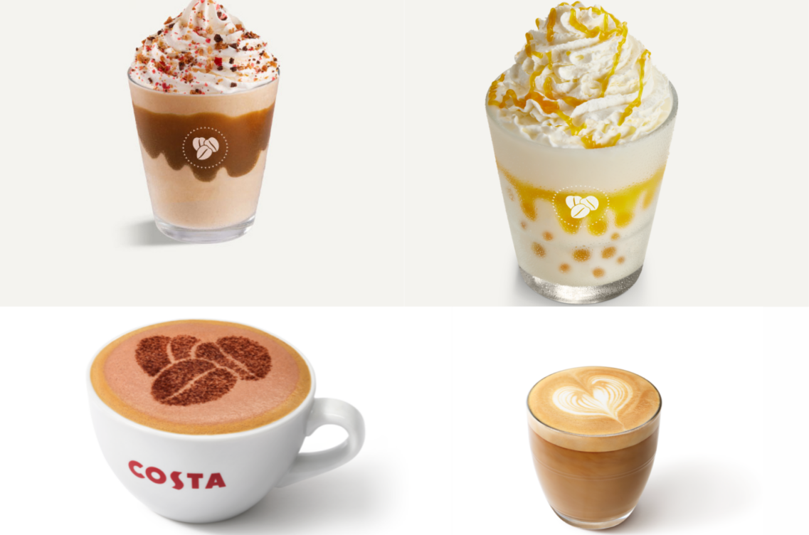 Costa Coffee marketing image displaying branded drinks on website