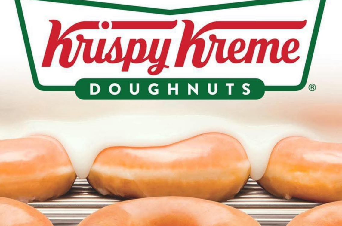 Krispy Kreme glazed doughnuts displayed alongside the Krispy Kreme logo